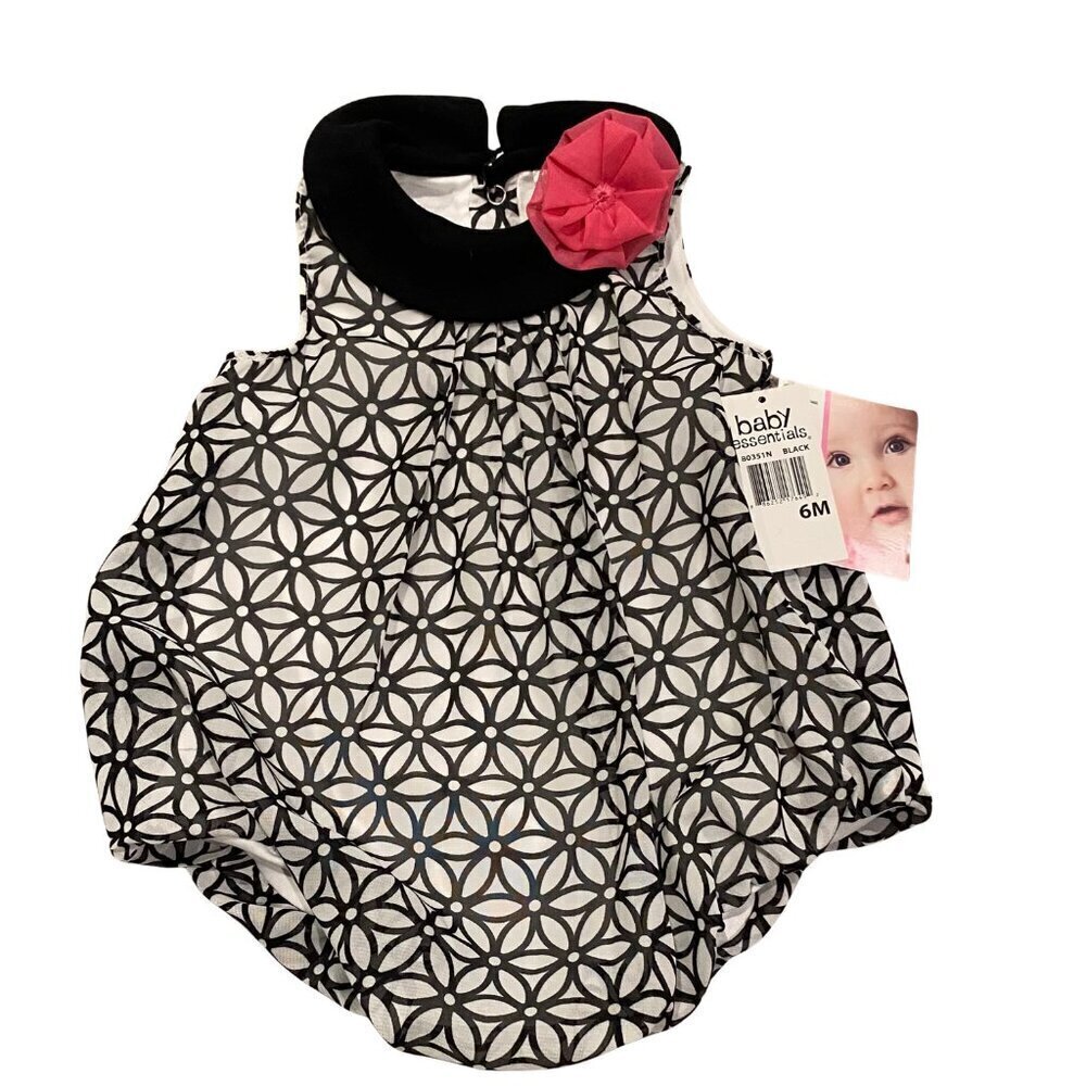 Baby Essentials Black & White Romper with Pink Flower - New!